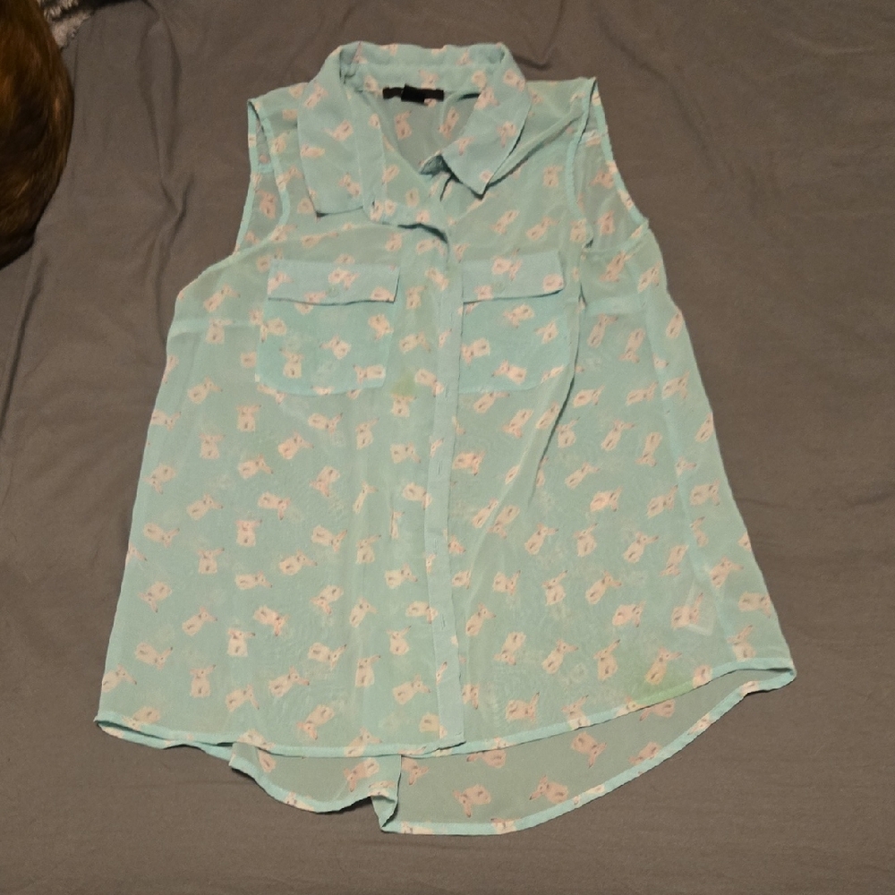 Sleeveless Mint Green Blouse with Pink Pattern